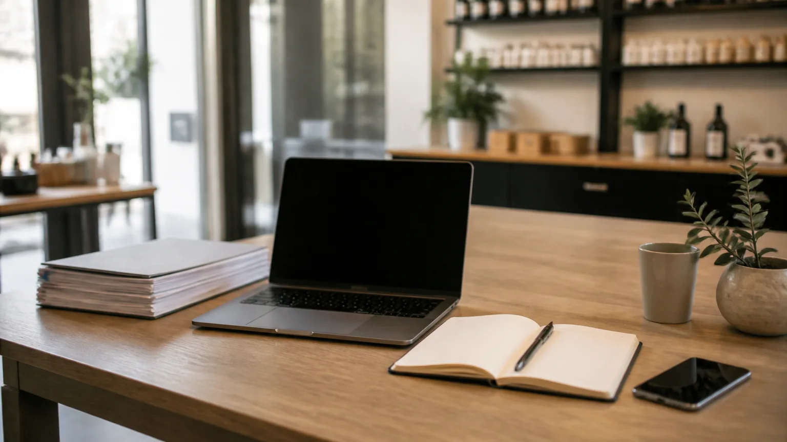 Modern kantoorwerkplek met laptop en notitieboek Kantoorwerkplek met laptop, notitieboek en smartphone op houten bureau.