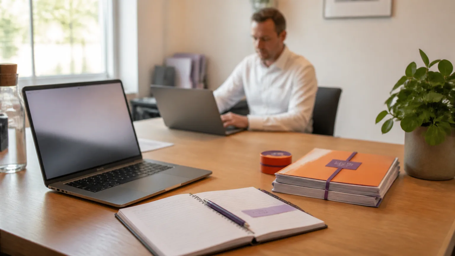 Man werkt aan laptop in kantoor met notitieboek en planten.